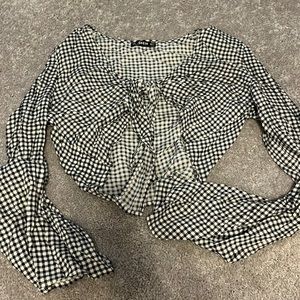 plaid crop top tie front long sleeve